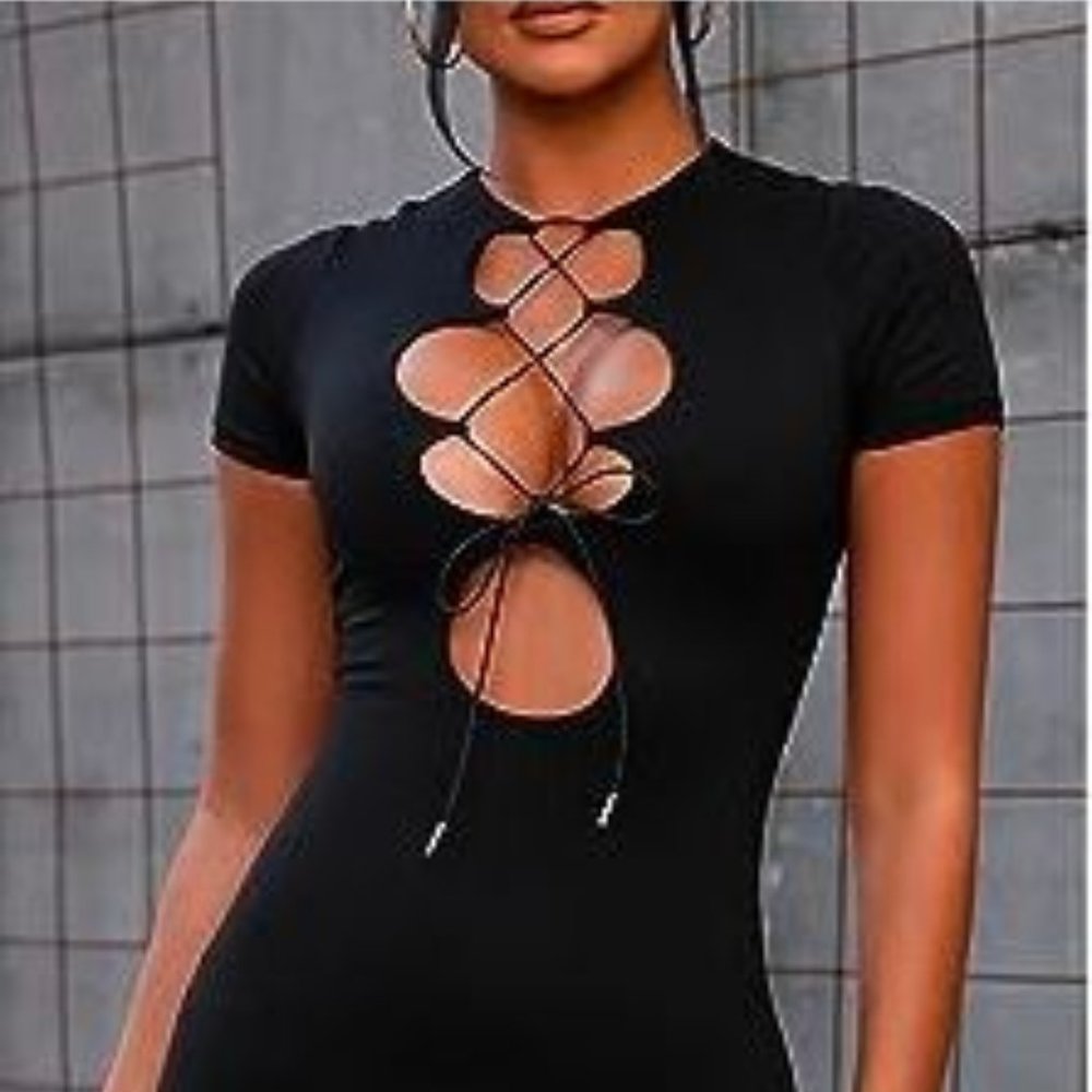 BRAND NEW - Sexy Hollow Out Lace Up Bodycon Club Party Mini Dress - BLACK/MEDIUM